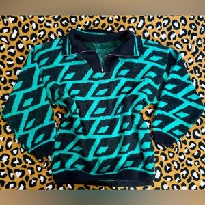 Vintage Teal Geometric Patterned Quarter Zip Sweater